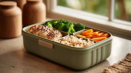 Close-up of a Healthy Lunchbox With Grilled Chicken and Fresh Veggies on a Counterの素材