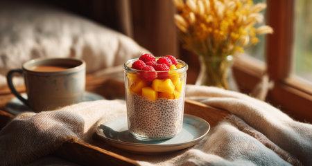 Delicious Chia Pudding Layered With Mango and Berries on a Breakfast Tray Generative AIの素材