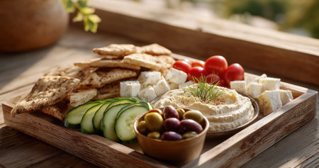 Mediterranean Snack Board: Hummus, Olives, and Fresh Veggies in Natural Lightの素材