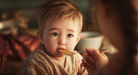 Curious Baby Enjoys Applesauce While Being Fed in a Cozy Kitchen Setting Generative AIの素材