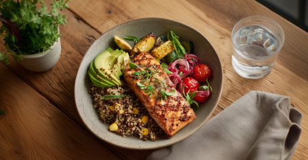 Balanced Meal With Grilled Salmon, Quinoa, and Colorful Vegetables on Wooden Table Generative AIの素材