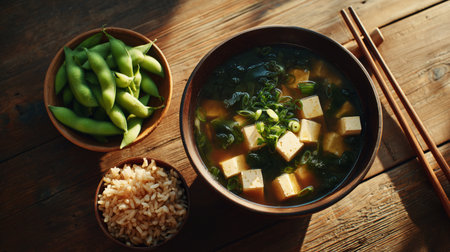 Bowl of Miso Soup With Tofu, Seaweed, Scallions, and Sides of Edamame and Brown Rice Generative AIの素材