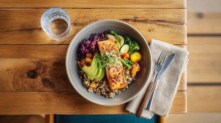 Colorful Balanced Meal Featuring Grilled Salmon on a Wooden Table in Natural Light Generative AIの素材