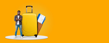 Travel enthusiast with yellow suitcase planning vacation using appの写真素材