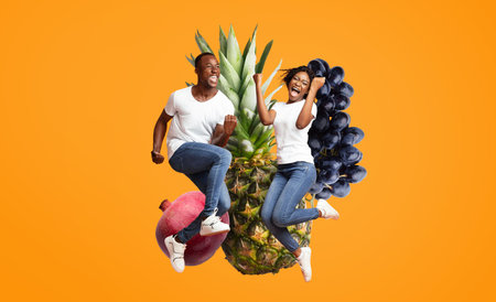 Joyful celebration of fruit and friendship in vibrant colorsの写真素材