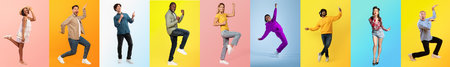 Diverse group of people celebrating joy and movement in vibrant collageの写真素材
