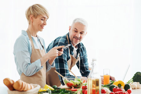 Senior couple recording video about vegetarian food on camera in kitchenの写真素材