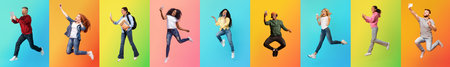 Diverse group of people joyfully jumping against vibrant colored backgroundsの写真素材
