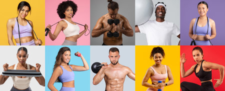Diverse individuals engaged in fitness activities showcasing healthy lifestylesの写真素材