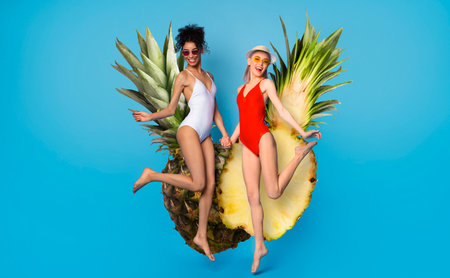 Two friends in swimsuits celebrating summer with pineapple backdropの写真素材