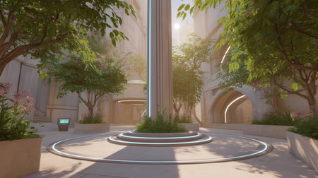 Futuristic Quiet Courtyard With Teleport Pylon and Glowing Rings in Soft Daylight Generative AIの素材