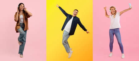 Three individuals showcase their happiness in a lively collection of posesの写真素材