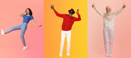 Diverse group of people celebrating lifestyle with joyful expressions and poses