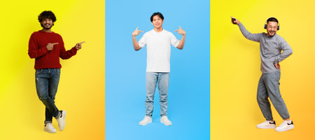 Diverse individuals showcasing lively expressions against vibrant backgrounds