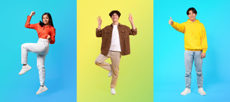 Diverse group of young adults posing cheerfully in vibrant settingsの写真素材