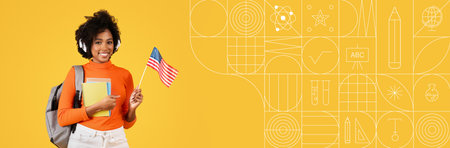 Student holding American flag while studying in a colorful learning environment