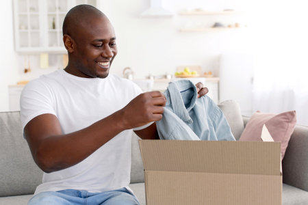 Shopping delivery. Mature african american man receiving clothes, unpacking cardboard box and holding new t-shirtの写真素材