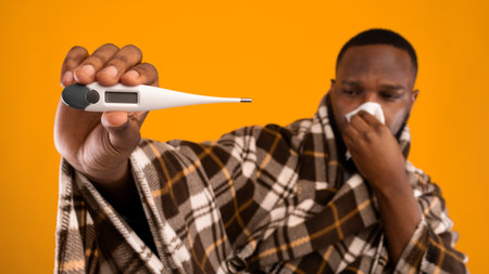 Sick Black Guy Showing Thermometer Blowing Runny Nose, Yellow Backgroundの写真素材