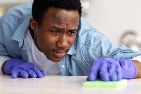 Concentrated black guy house-keeping attendant cleaning tableの写真素材