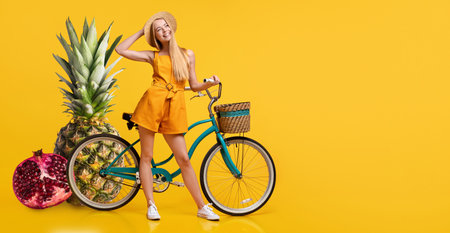 Bright summer vibe with a woman in a yellow outfit by a bicycle and fruitsの写真素材