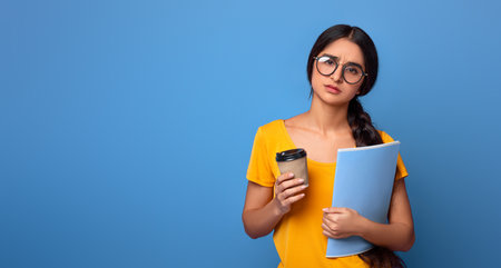 Sad indian female student wearing eyeglasses holding notebook and coffee