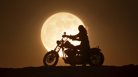 Silhouette of a biker on a motorcycle enjoying the view of a full moon in the desert during duskの素材