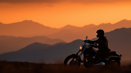 Rider on a motorcycle admires the breathtaking sunset over mountain ranges while silhouettedの素材