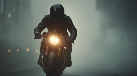 A rider clad in dark gear speeds through a foggy cityscape, headlights cutting through the mistの素材