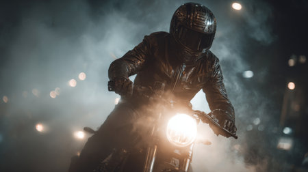 A rider in black leather speeds by on a motorcycle, lit by streetlights in the mistの素材