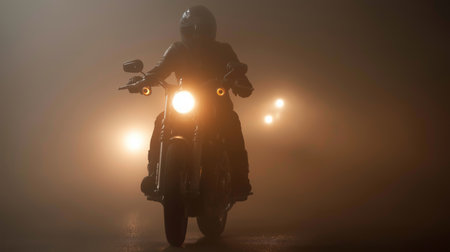 A motorcyclist navigates a foggy street under dim light, creating a mysterious ambianceの素材