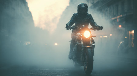 Rider on a motorcycle maneuvers through low visibility fog in an urban setting at duskの素材