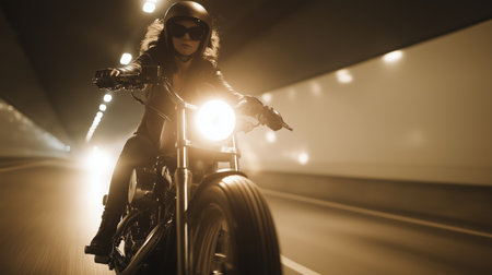 A motorcyclist in leather gear speeds through a tunnel, illuminated by bright lightsの素材