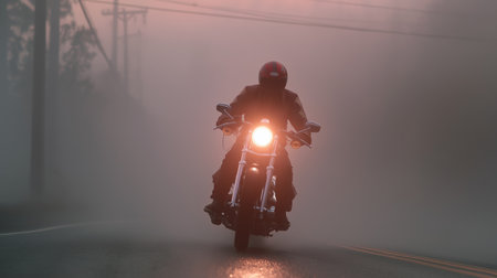 A rider navigates a foggy road, headlights cutting through the mist at dawnの素材