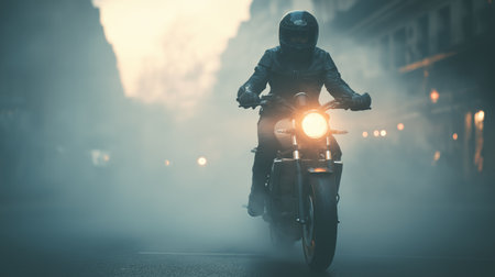 A motorcyclist navigates a fog-covered city street, creating a captivating atmosphere during duskの素材