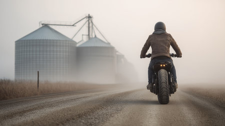 A person on a motorcycle rides along a misty dirt road beside agricultural silos at dawnの素材