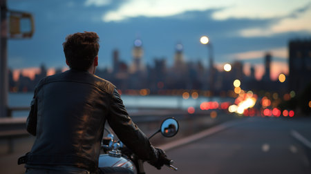 A person enjoys a motorcycle ride at dusk with a city skyline illuminated in the backgroundの素材