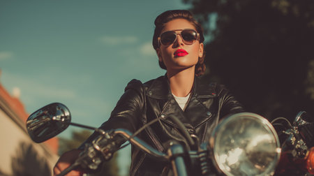 A confident woman rides her motorcycle, flaunting her stylish leather outfit and shadesの素材