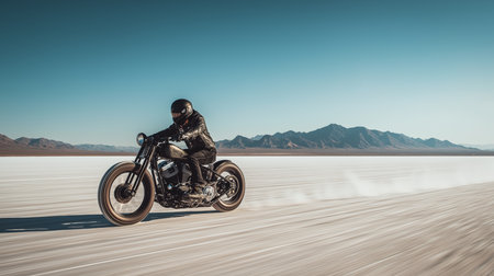 A rider accelerates on a motorcycle across vast white salt flats with mountains in the backgroundの素材