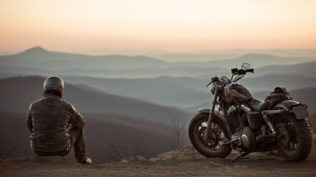 A lone biker sits on a rocky ledge, looking at the vast mountain range at sunsetの素材
