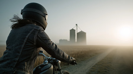 A motorcyclist enjoys the serene sunset, gazing at silos in the distance along a quiet dirt roadの素材