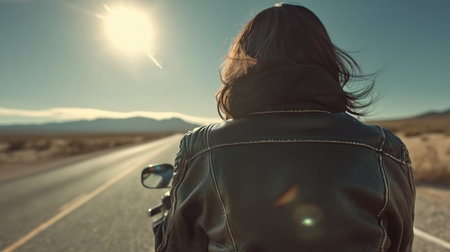 A motorcycle rider embraces the tranquility of an open road, surrounded by mountains at sunsetの素材