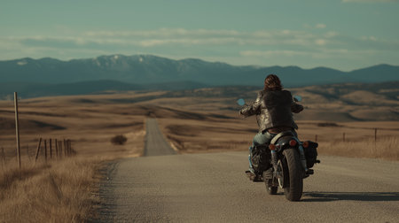 A rider on a motorcycle enjoys an expansive road with mountains ahead under a clear skyの素材