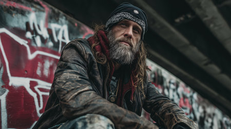 An urban individual sits pensively beneath a bridge adorned with vivid graffiti, lost in thoughtの素材