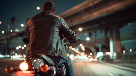 A person in a leather jacket rides a motorcycle along a busy city highway at nightの素材