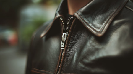 Black leather jacket with a polished zipper detail stands out in a vibrant urban environmentの素材