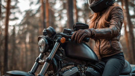 Motorcyclist sits astride a black bike, ready for a ride through the serene forest at duskの素材