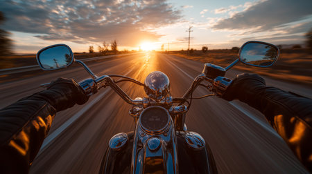 Rider feels the freedom of the open road as the sun sets, casting warm colors across the skyの素材