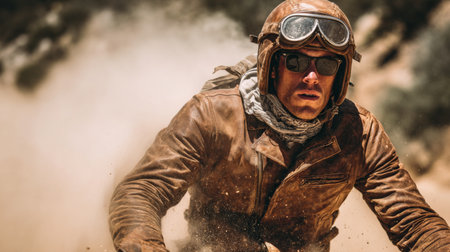 A motorcyclist navigates a rough, dusty landscape wearing vintage leather gear and gogglesの素材