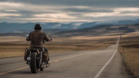 A lone motorcyclist rides on an empty highway surrounded by vast fields and distant mountainsの素材