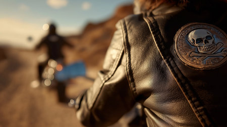 Bikers cruise along a rugged path, enjoying the fresh air and scenic mountain views at duskの素材